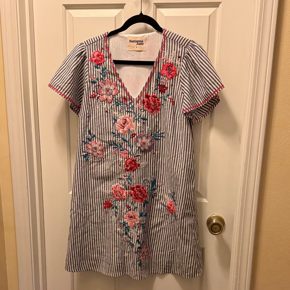 Savanna Jane Blue and White Striped Embroidered Dress